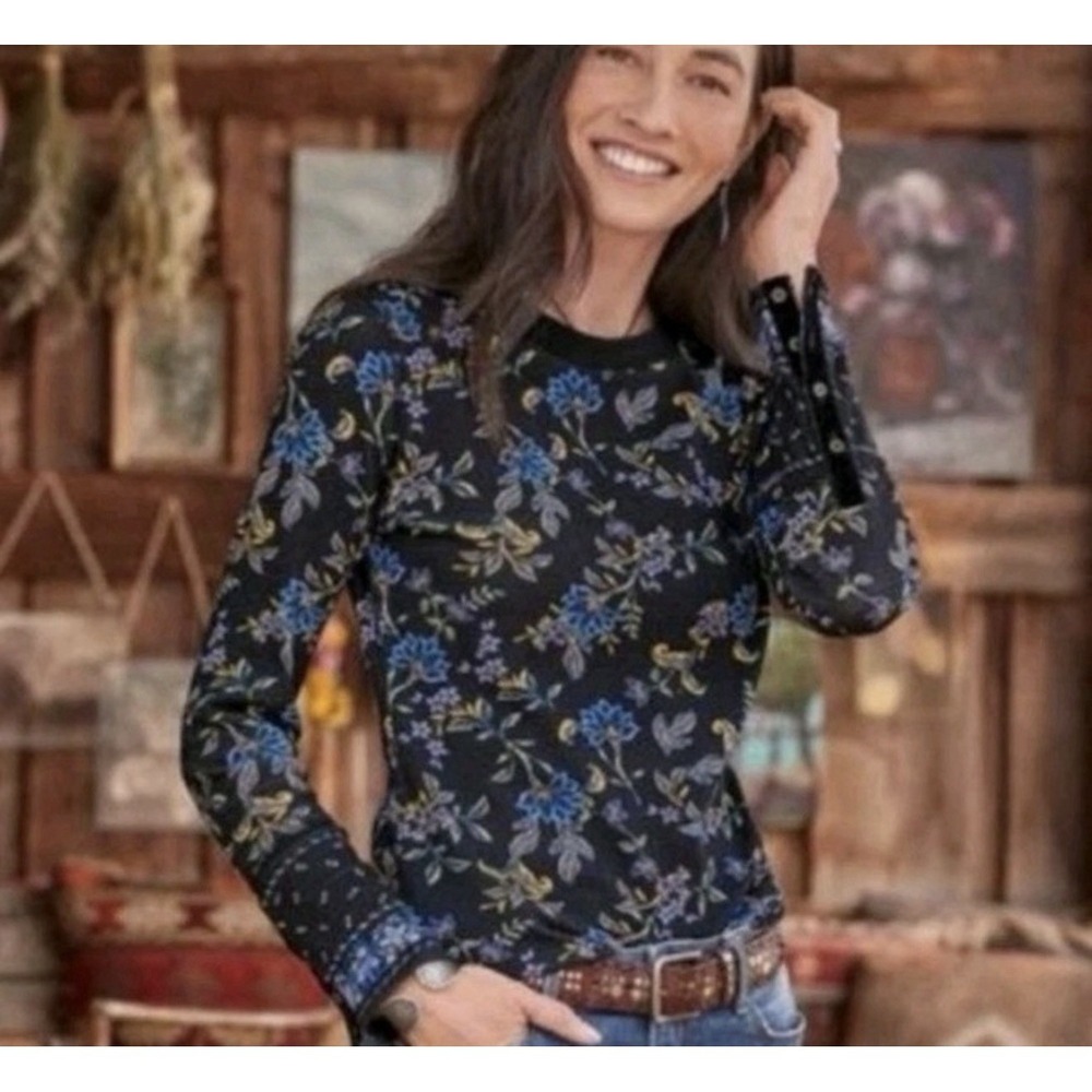 Sundance Loretta Thermal Top Womens Large Blue Boho Cottagecore Waffle Knit